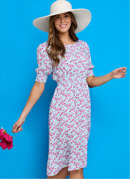 Smock Cuff and Waist Print Viscose Dress - LS633